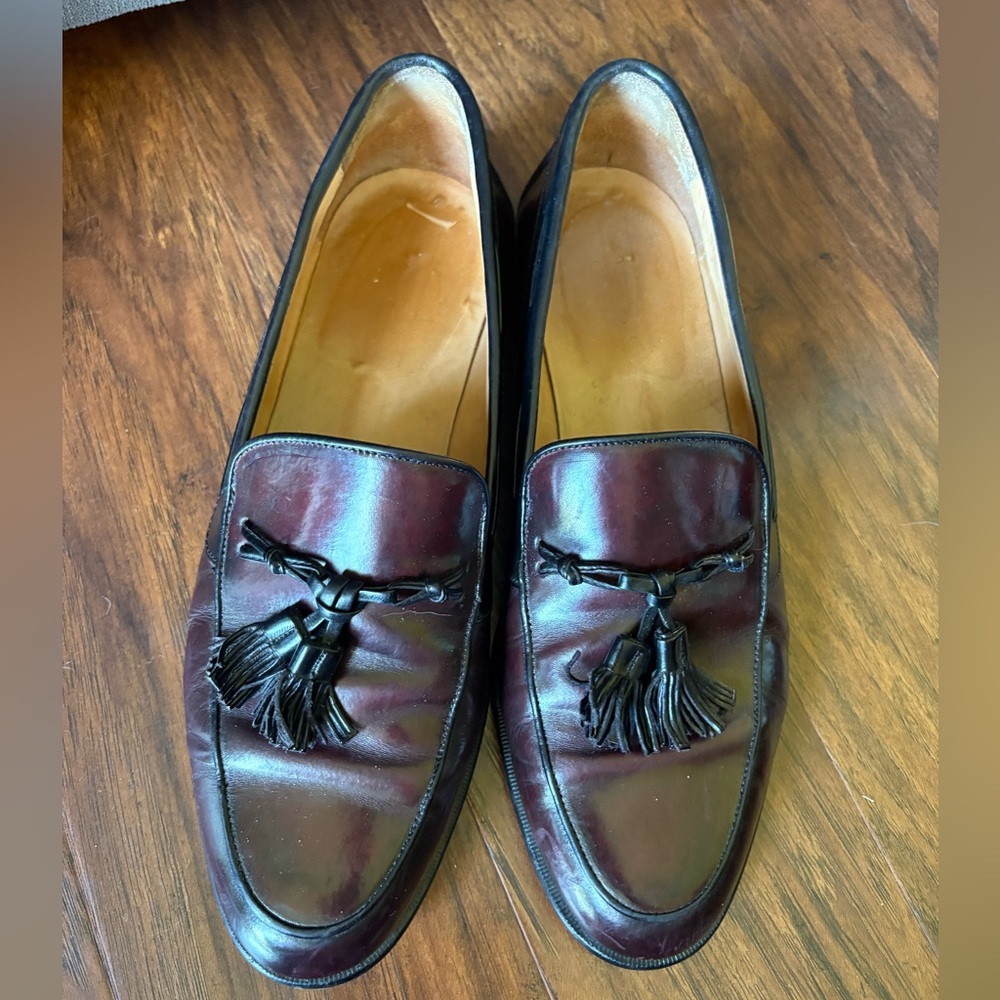 Johnston & Murphy Men’s Tassel Loafers Burgundy Black Trim Leather Size 10.5
